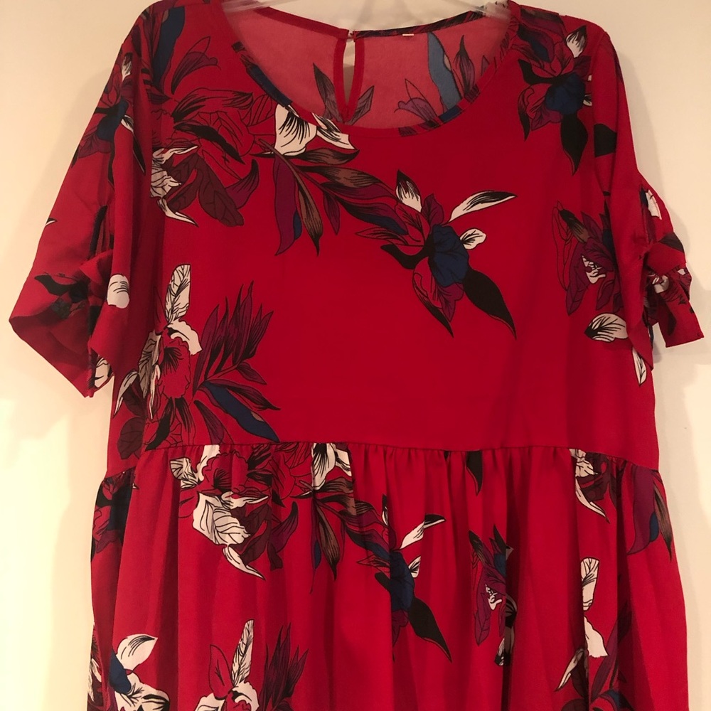 Red high-low bow-sleeve blouse